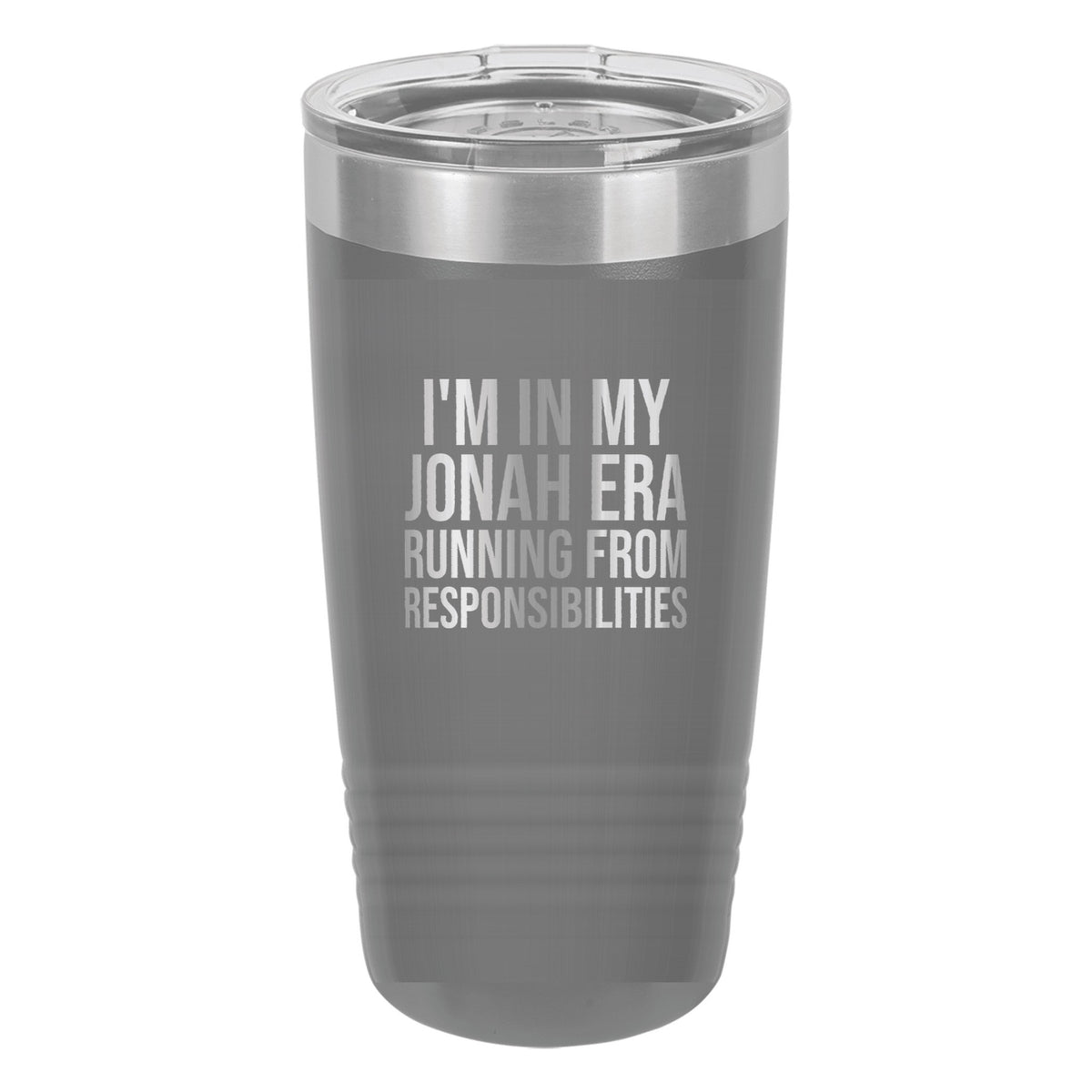 I'm in My Jonah Era. Running from Responsibilities tumbler in Dark Gray
