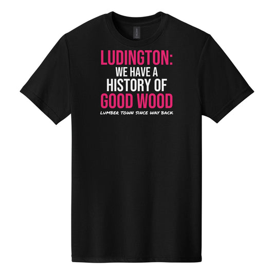 Ludington We Have A History Of Good Wood tee on Gildan Softstyle CVC 64000CVC in Pitch Black