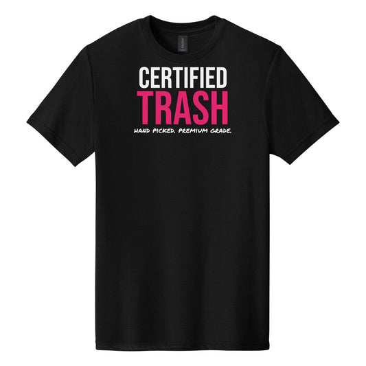 Certified Trash tee on Gildan Softstyle CVC 64000CVC in Pitch Black