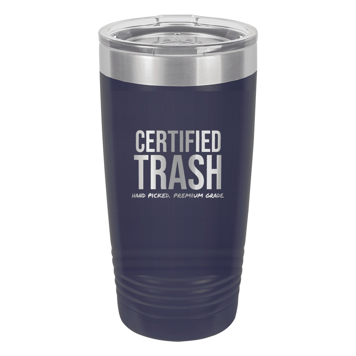 Certified Trash laser etched 20 oz Polar Camel ringneck tumbler in Navy Blue