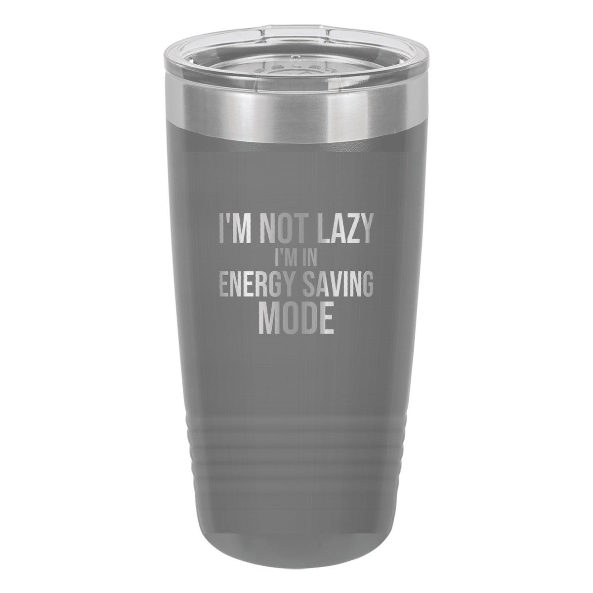 Energy Saving Mode laser etched 20 oz Polar Camel ringneck tumbler in Dark Gray