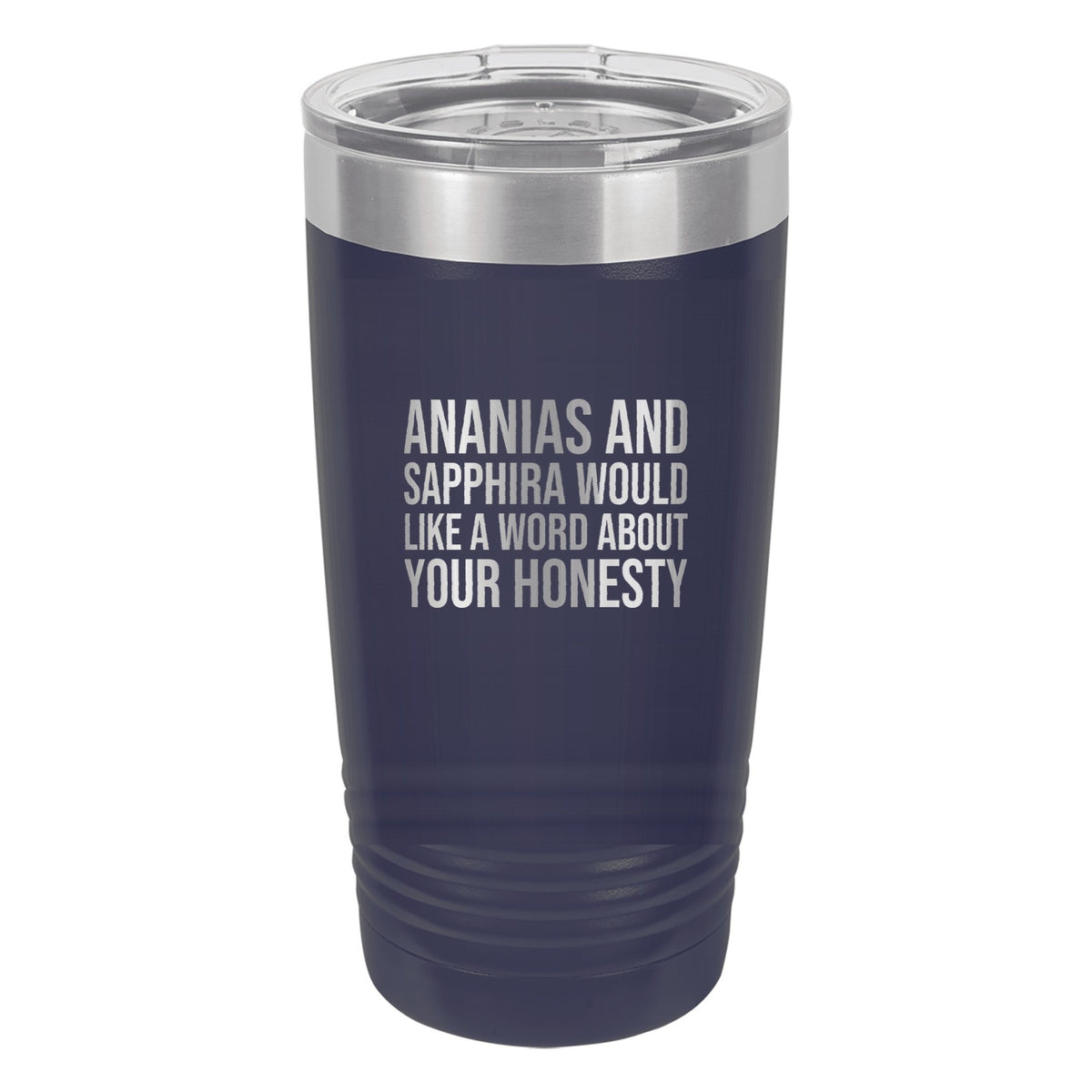 Ananias and Sapphira Would Like a Word About Your Honesty tumbler in Navy Blue