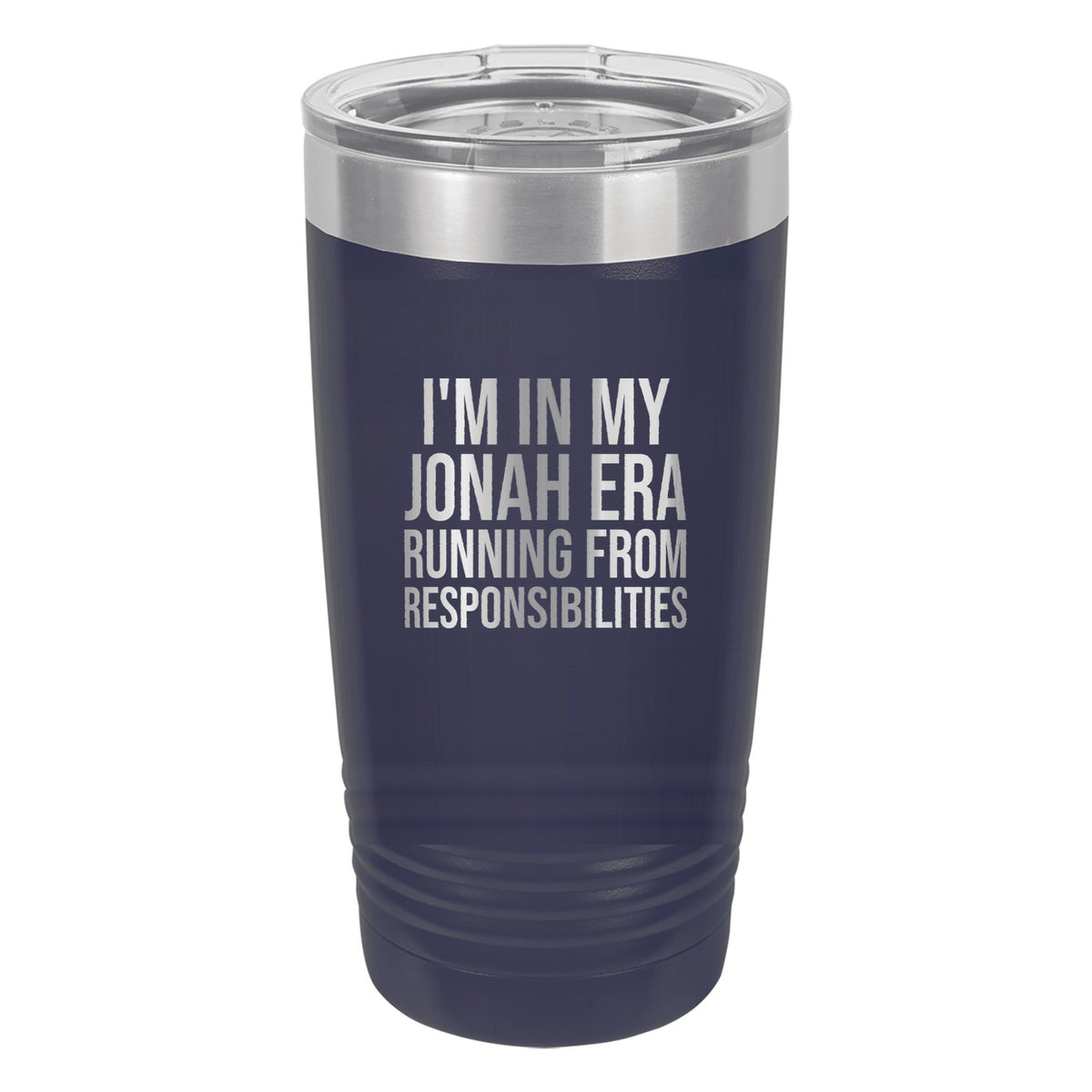 I'm in My Jonah Era. Running from Responsibilities tumbler in Navy Blue