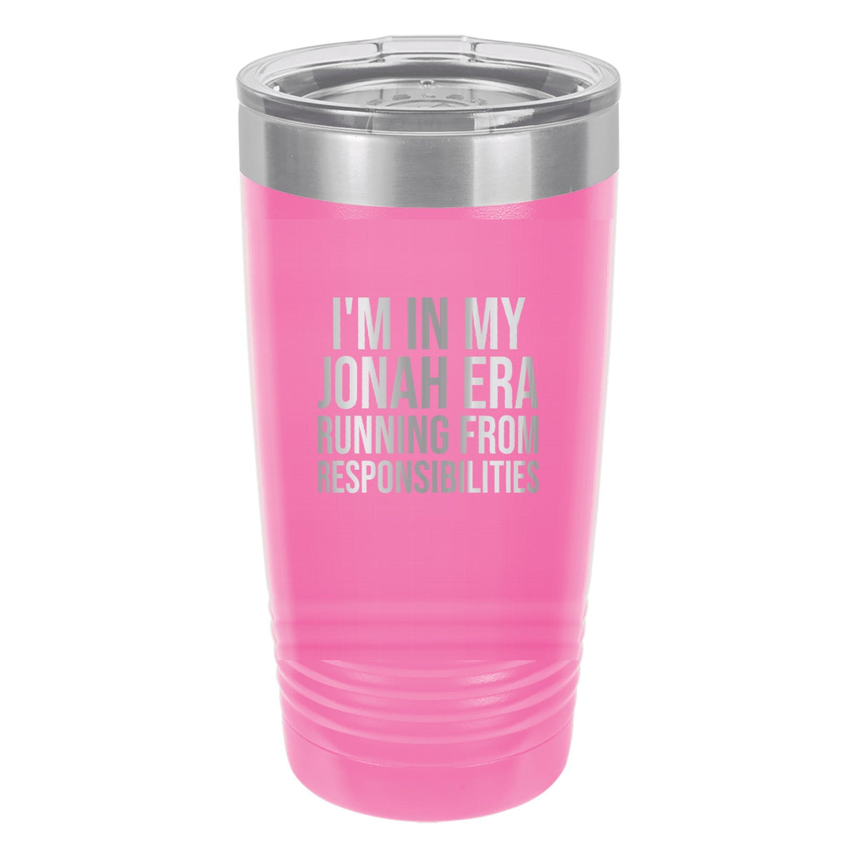 I'm in My Jonah Era. Running from Responsibilities tumbler in Pink