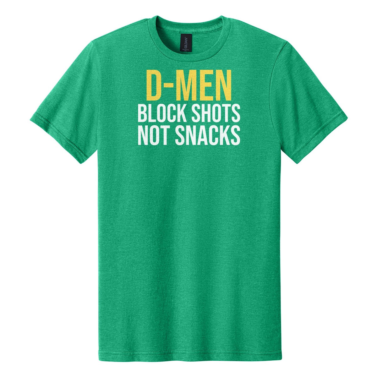 D-Men Block Shots Not Snacks hockey tee in Kelly Mist