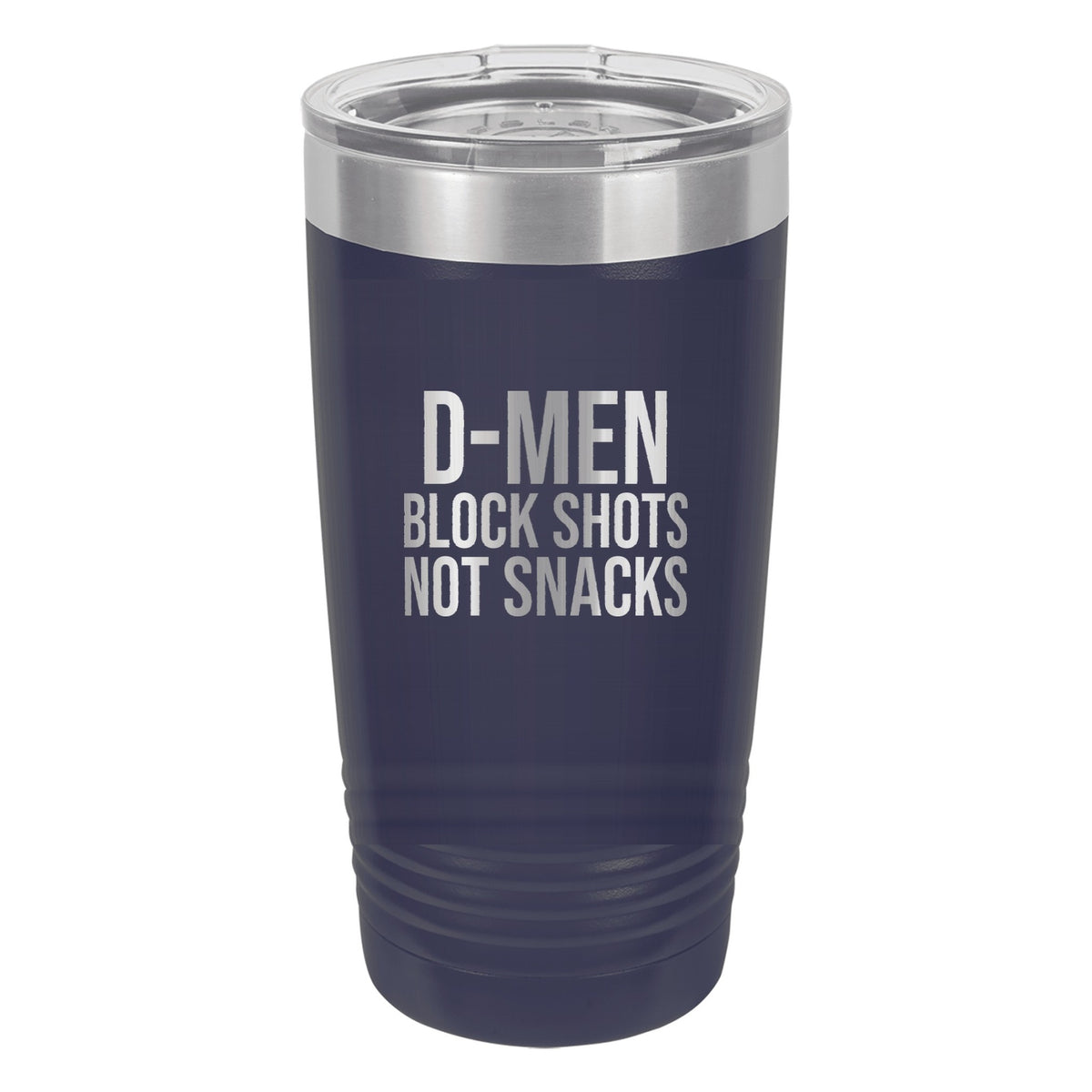 D-Men Block Shots Not Snacks hockey tumbler in Navy Blue