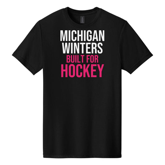 Michigan Winters Built For Hockey hockey tee in Pitch Black