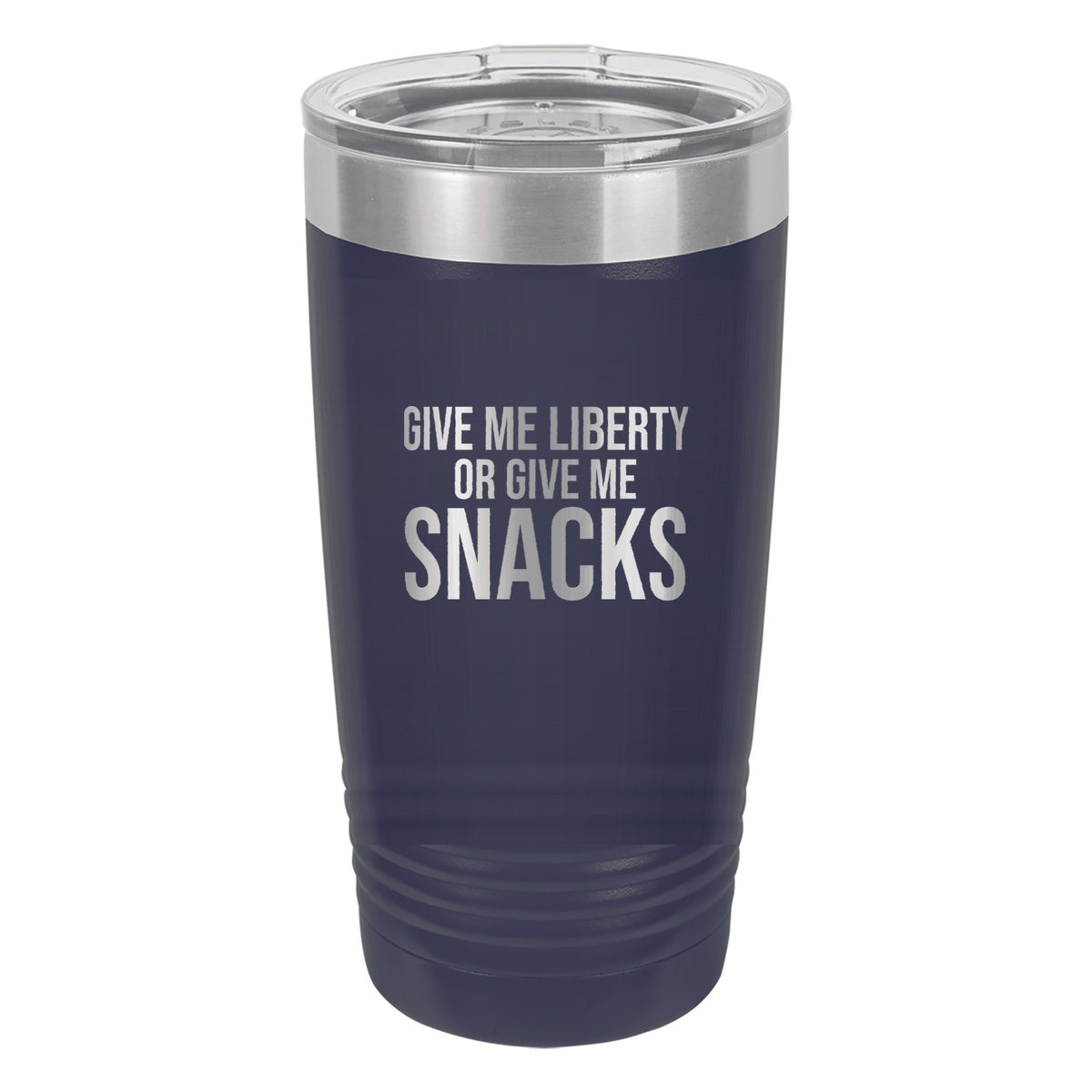 Give Me Liberty Or Give Me Snacks laser etched 20 oz Polar Camel ringneck tumbler in Navy Blue