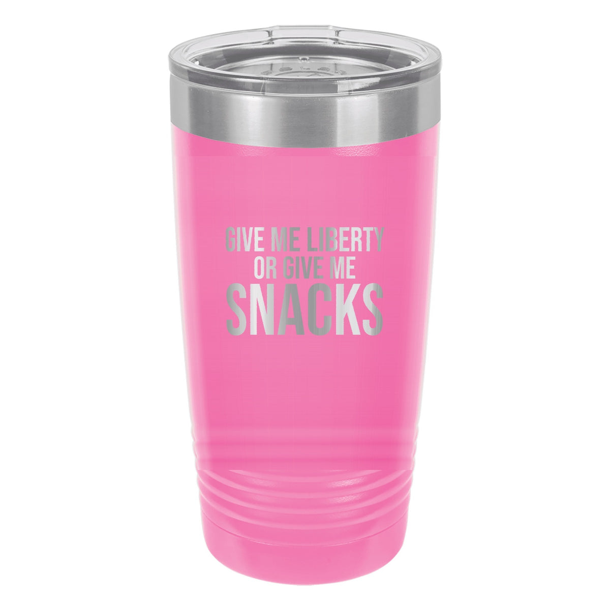 Give Me Liberty Or Give Me Snacks laser etched 20 oz Polar Camel ringneck tumbler in Pink