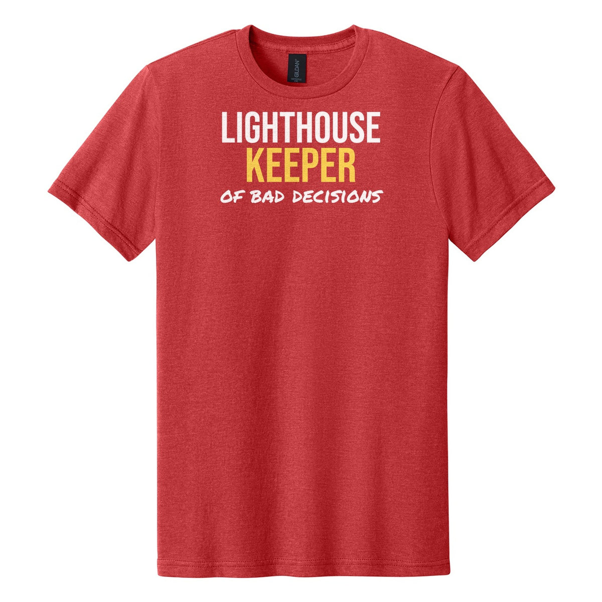 Lighthouse Keeper Of Bad Decisions tee on Gildan Softstyle CVC 64000CVC in Red Mist