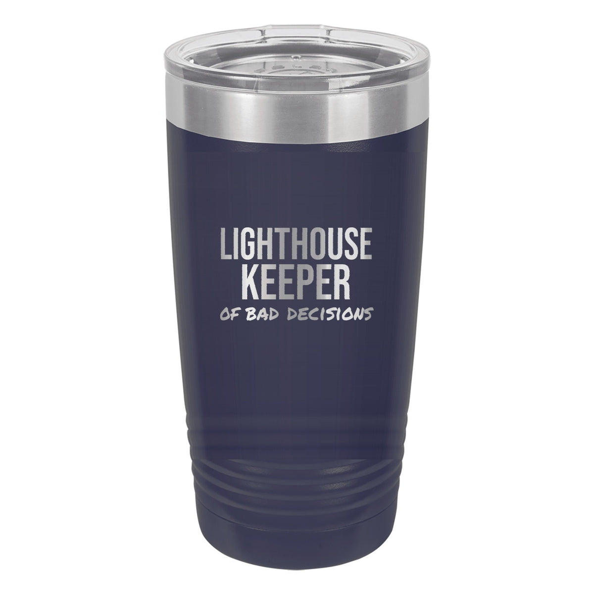 Lighthouse Keeper Of Bad Decisions laser etched 20 oz Polar Camel ringneck tumbler in Navy Blue
