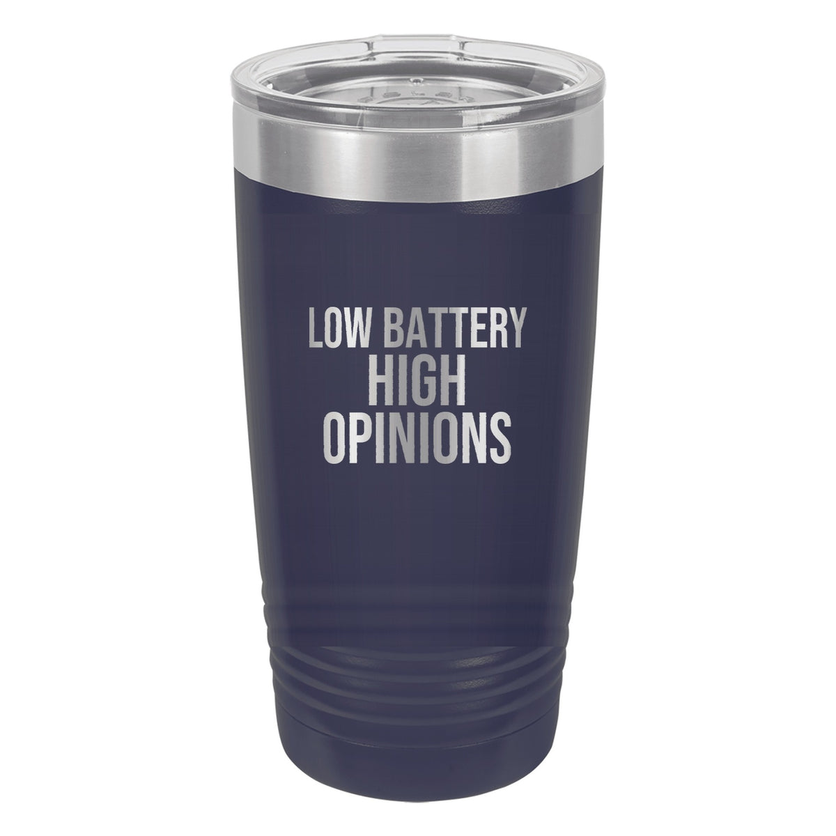 Low Battery High Opinions laser etched 20 oz Polar Camel ringneck tumbler in Navy Blue