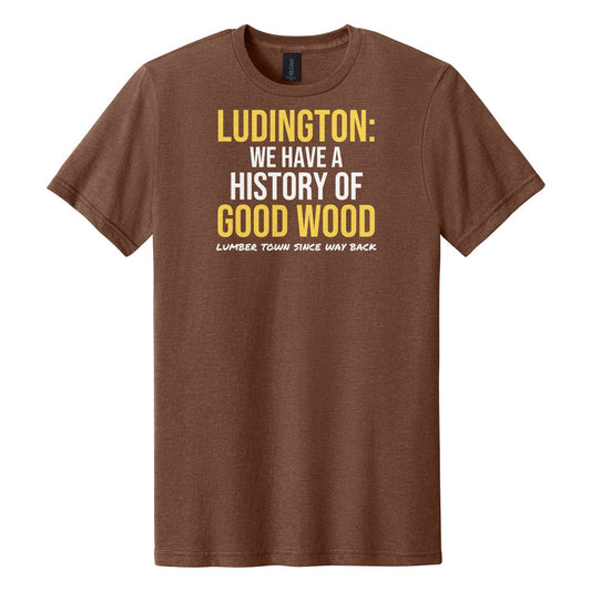 Ludington We Have A History Of Good Wood tee on Gildan Softstyle CVC 64000CVC in Cocoa Mist