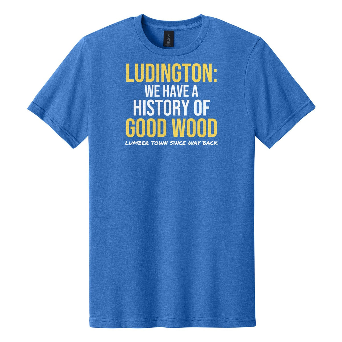 Ludington We Have A History Of Good Wood tee on Gildan Softstyle CVC 64000CVC in Royal Mist