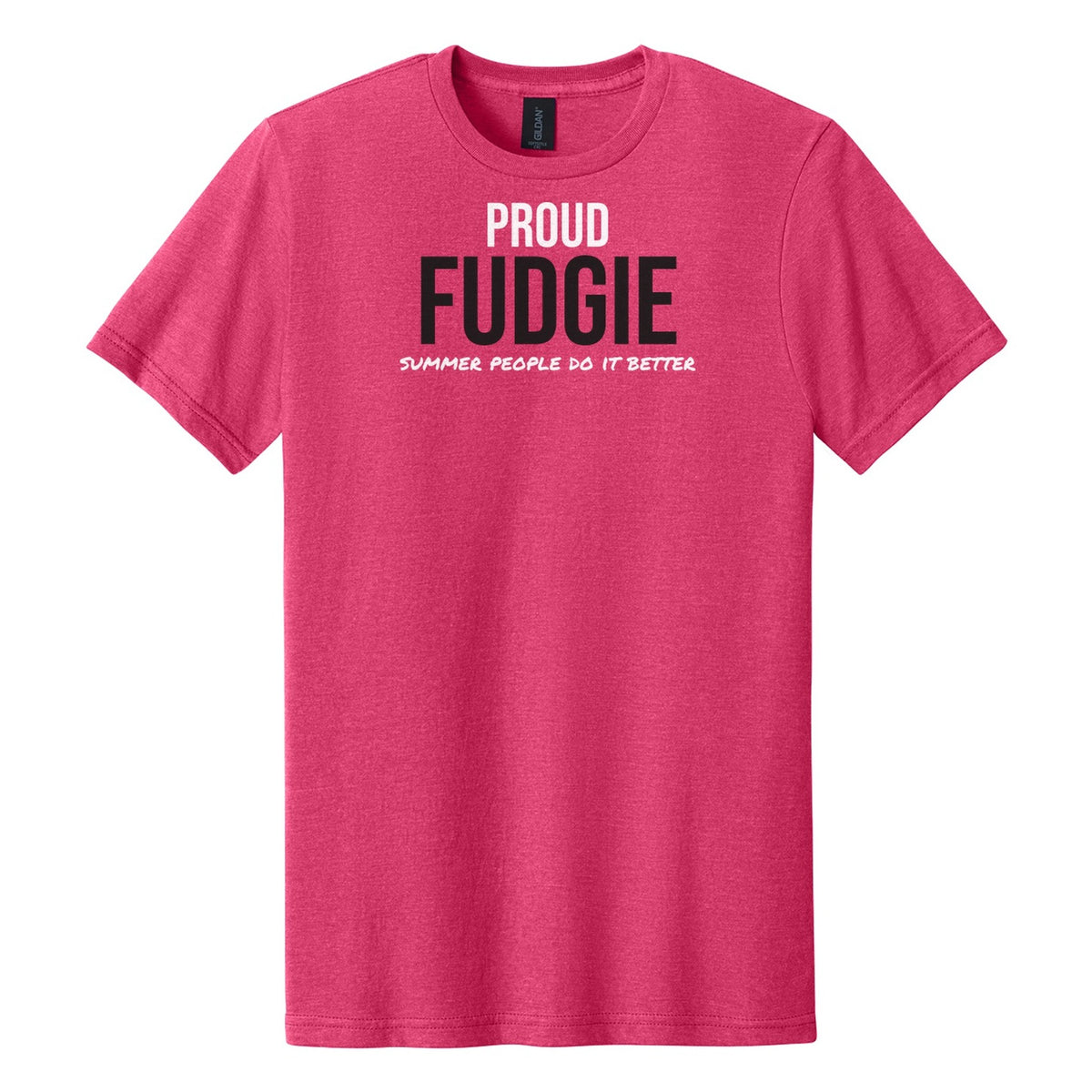 Proud Fudgie tee on Gildan Softstyle CVC 64000CVC in Pink Lemonade Mist