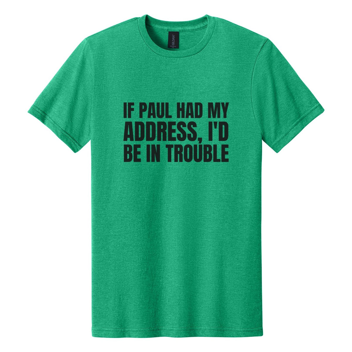 If Paul Had My Address, I'd Be in Trouble tee in Kelly Mist, Anton font, Black ink