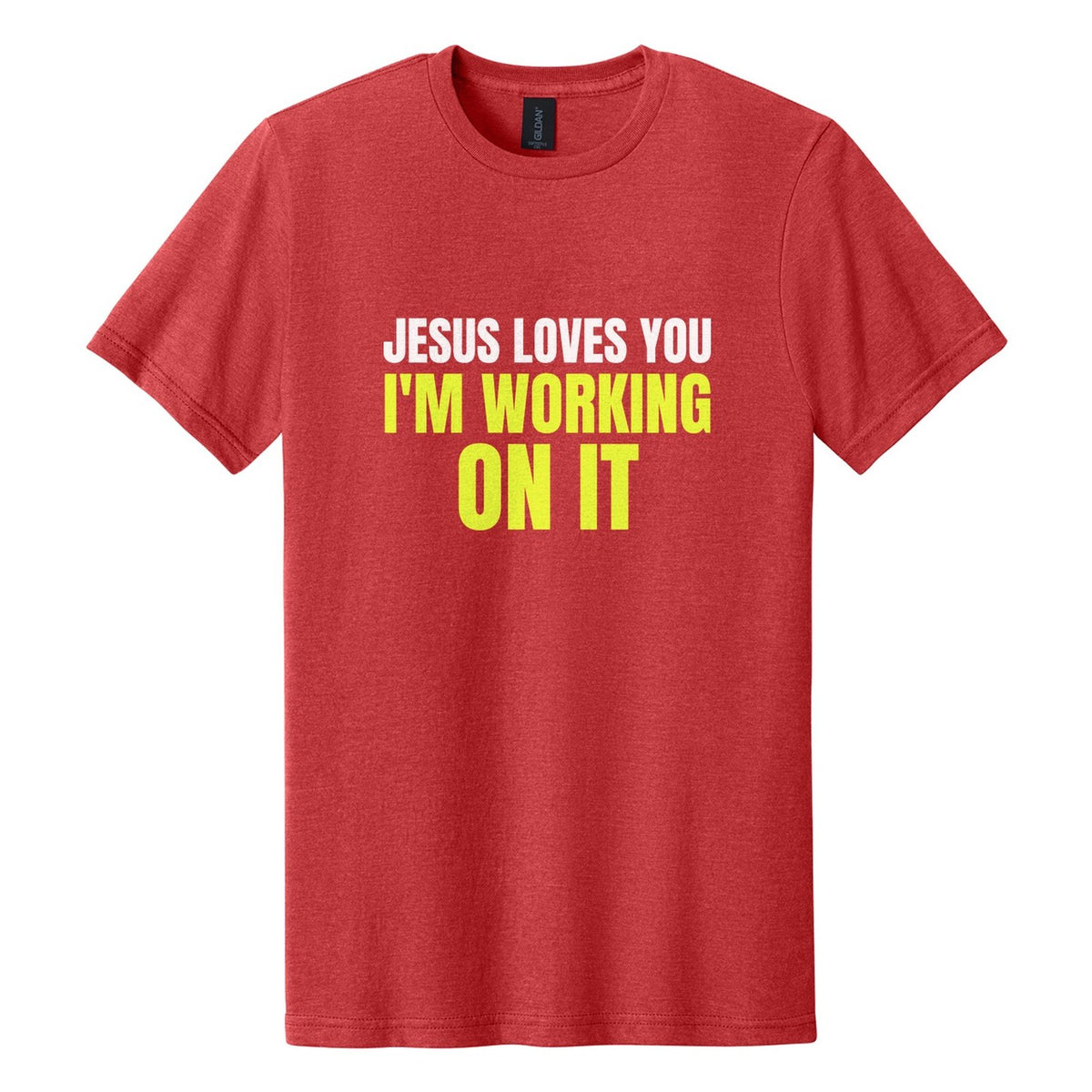 Jesus Loves You. I'm Working on It tee in Red Mist, Anton font, White + Neon Yellow ink