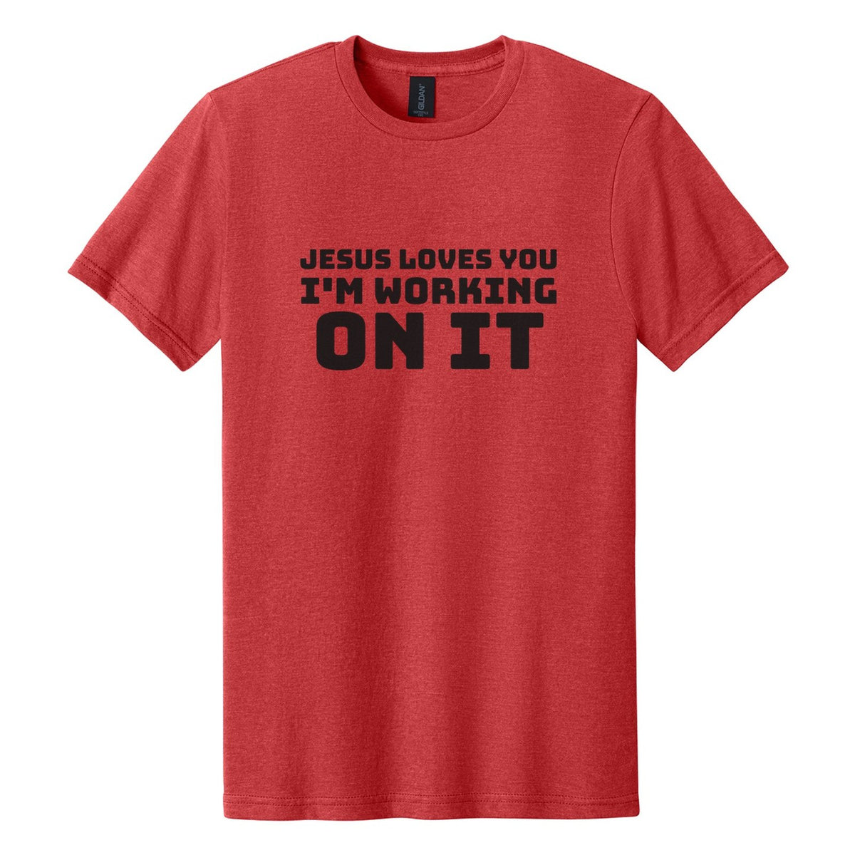 Jesus Loves You. I'm Working on It tee in Red Mist, Bungee font, Black ink