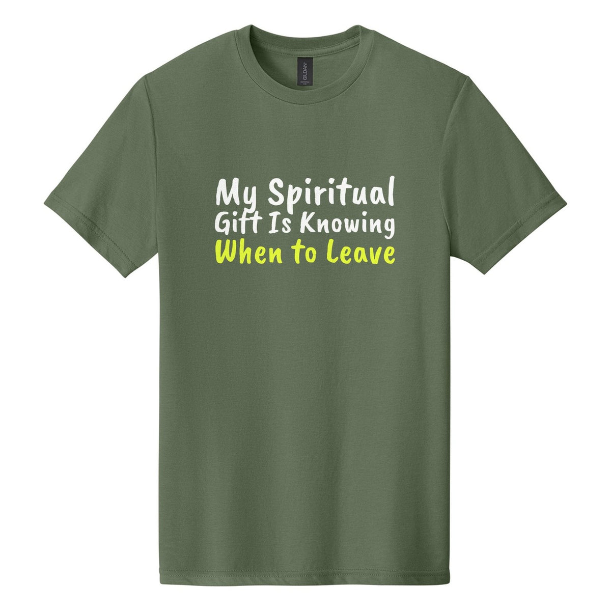 My Spiritual Gift Is Knowing When to Leave tee in Cactus, Caveat Brush font, White + Neon Yellow ink
