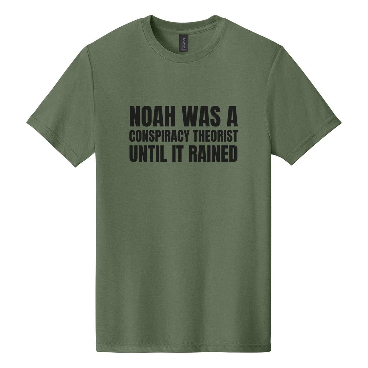 Noah Was a Conspiracy Theorist. Until It Rained tee in Cactus, Anton font, Black ink
