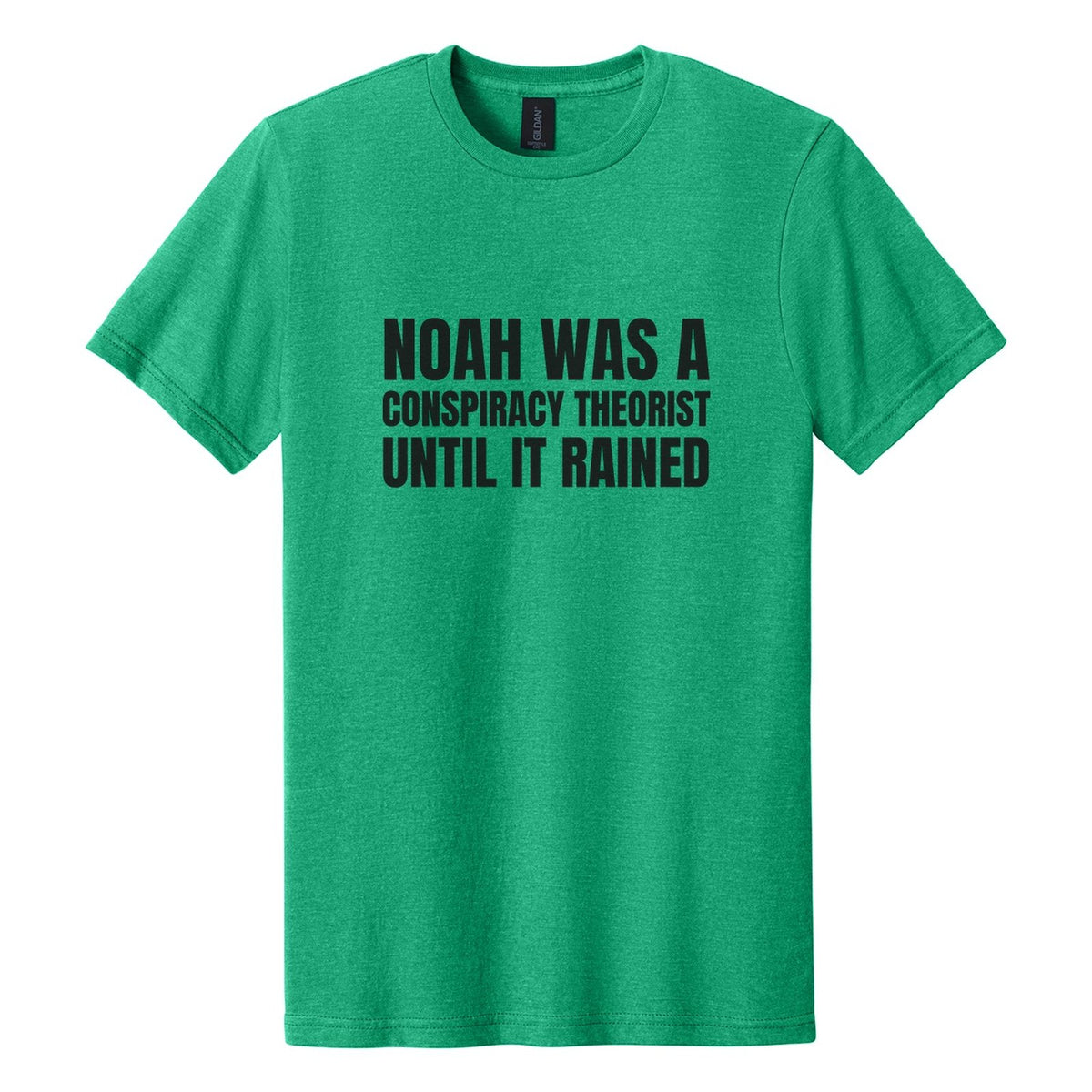 Noah Was a Conspiracy Theorist. Until It Rained tee in Kelly Mist, Anton font, Black ink