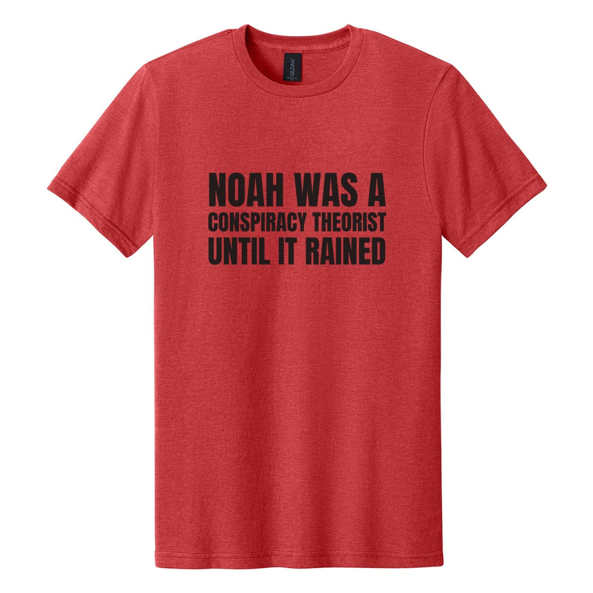 Noah Was a Conspiracy Theorist. Until It Rained tee in Red Mist, Anton font, Black ink