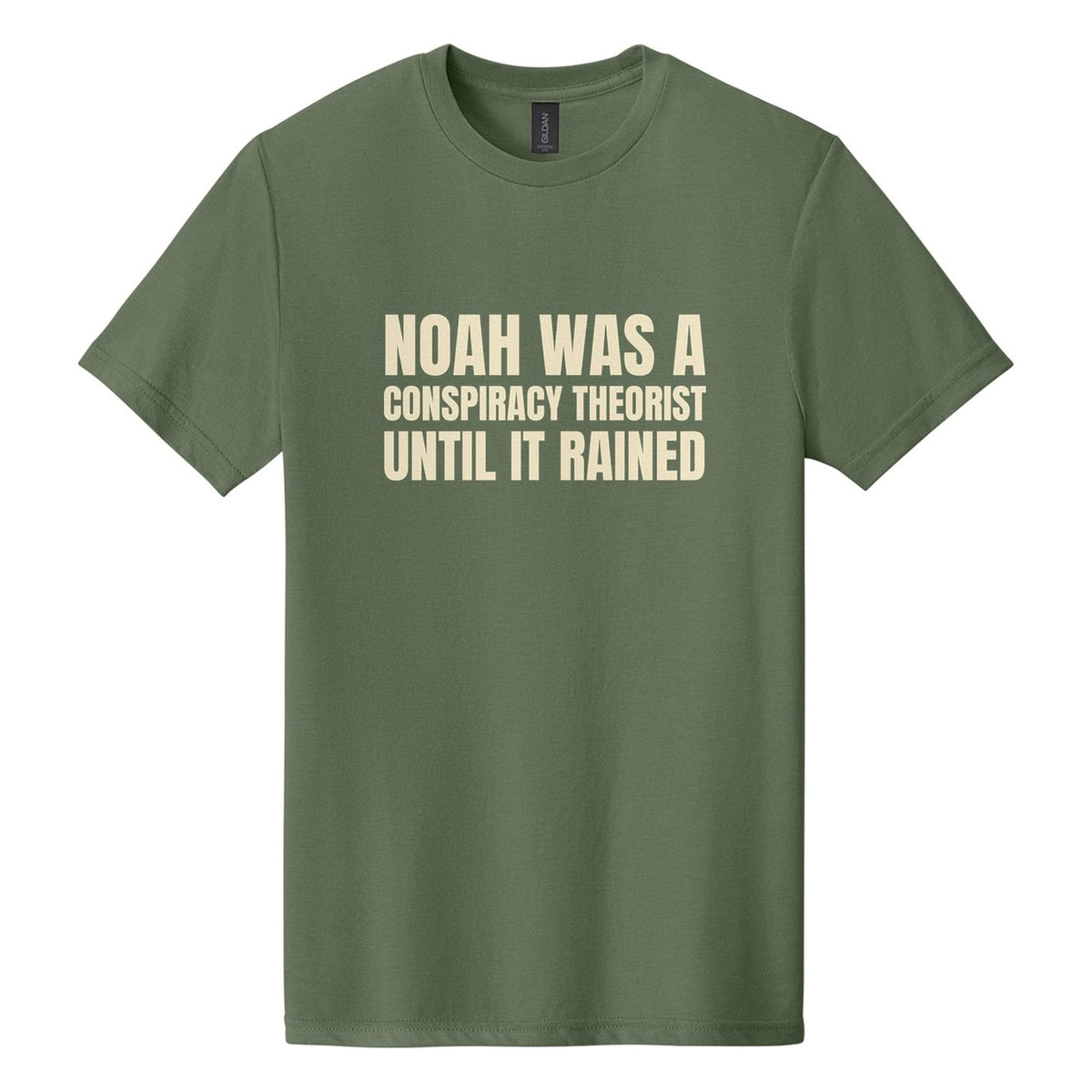 Noah Was a Conspiracy Theorist. Until It Rained tee in Cactus, Anton font, Cream ink