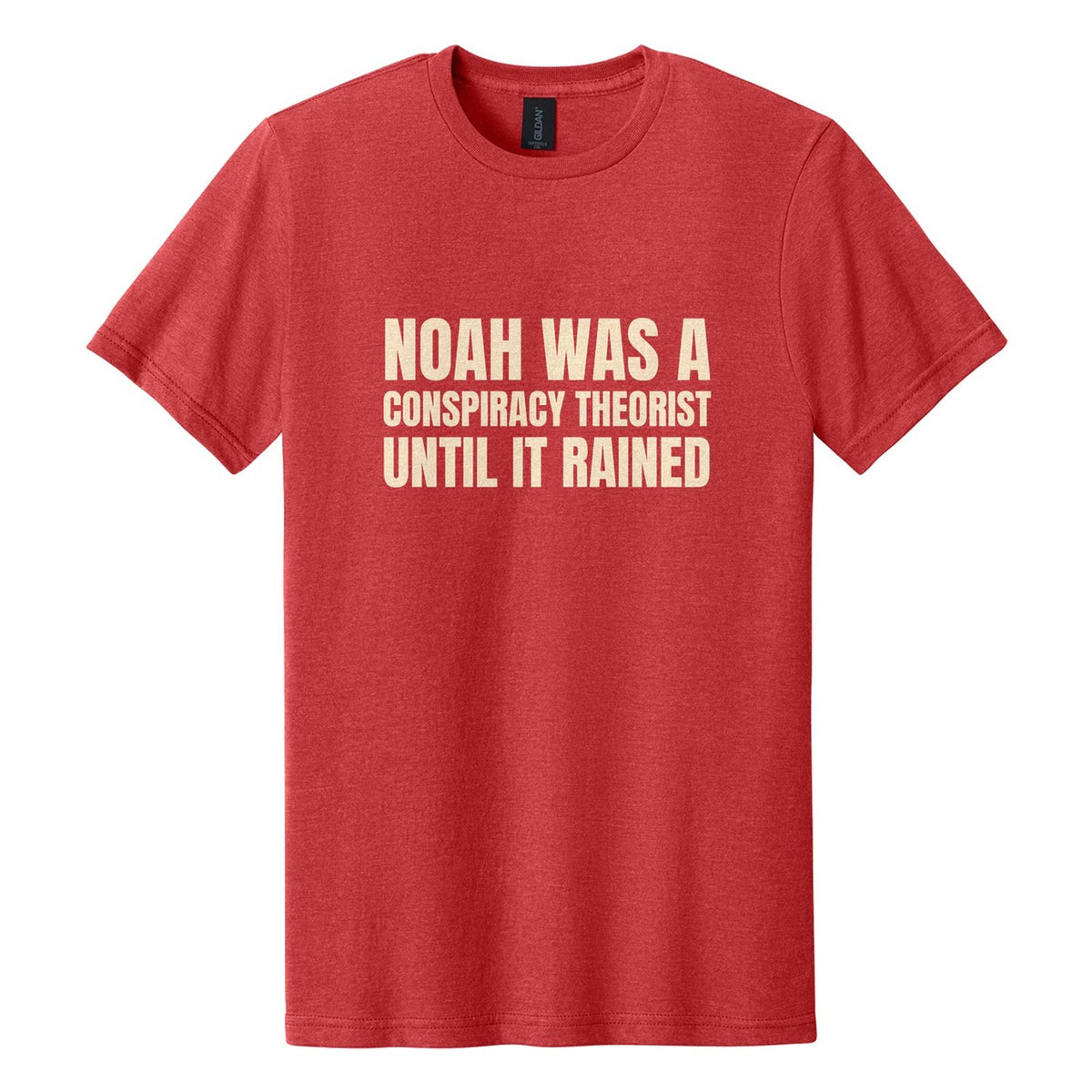 Noah Was a Conspiracy Theorist. Until It Rained tee in Red Mist, Anton font, Cream ink