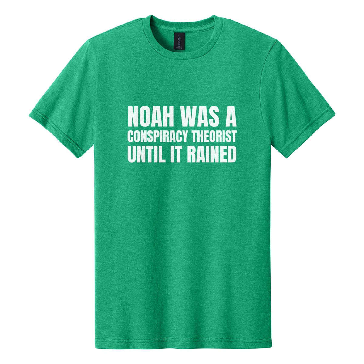 Noah Was a Conspiracy Theorist. Until It Rained tee in Kelly Mist, Anton font, White ink