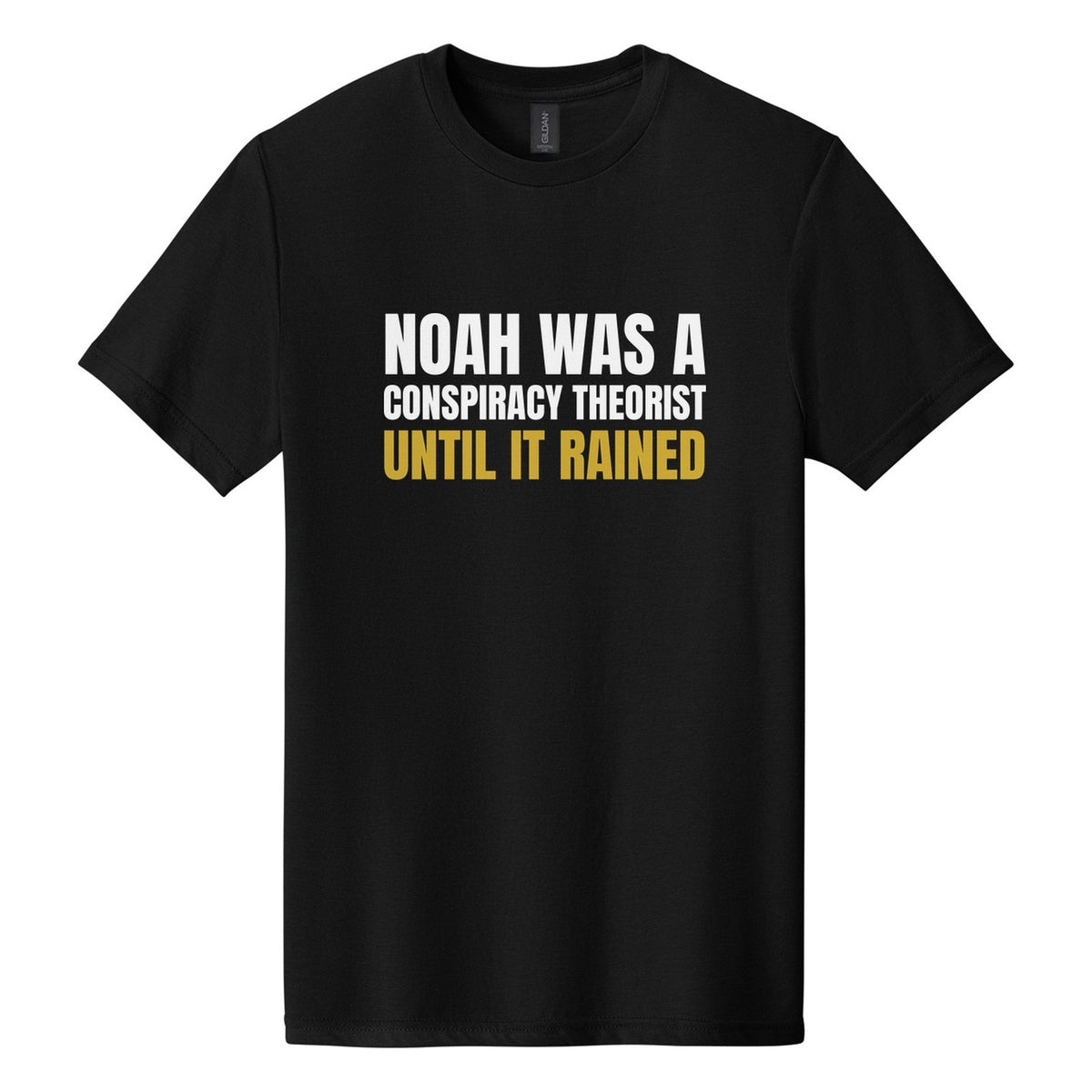 Noah Was a Conspiracy Theorist. Until It Rained tee in Pitch Black, Anton font, White + Metallic Gold ink