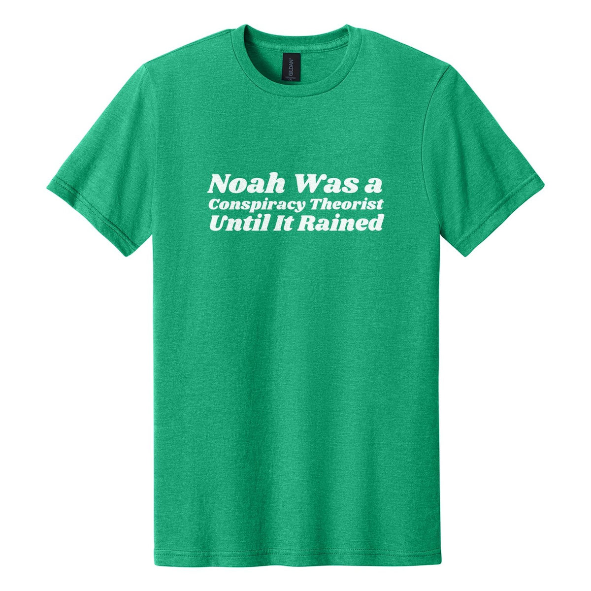 Noah Was a Conspiracy Theorist. Until It Rained tee in Kelly Mist, Shrikhand font, White ink