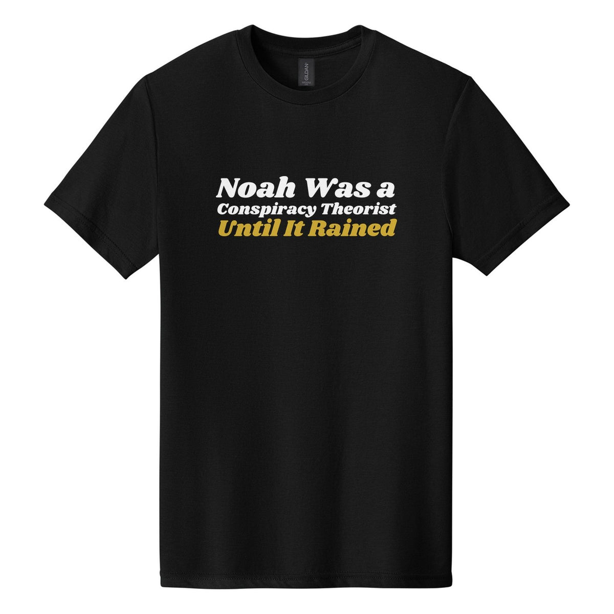 Noah Was a Conspiracy Theorist. Until It Rained tee in Pitch Black, Shrikhand font, White + Metallic Gold ink