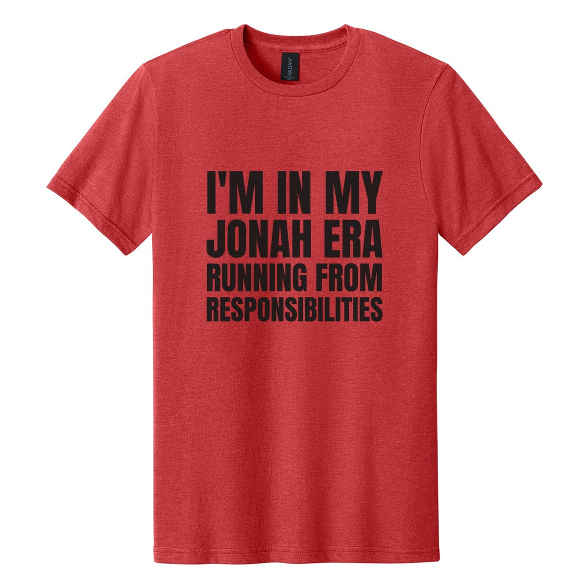 I'm in My Jonah Era. Running from Responsibilities tee in Red Mist, Anton font, Black ink
