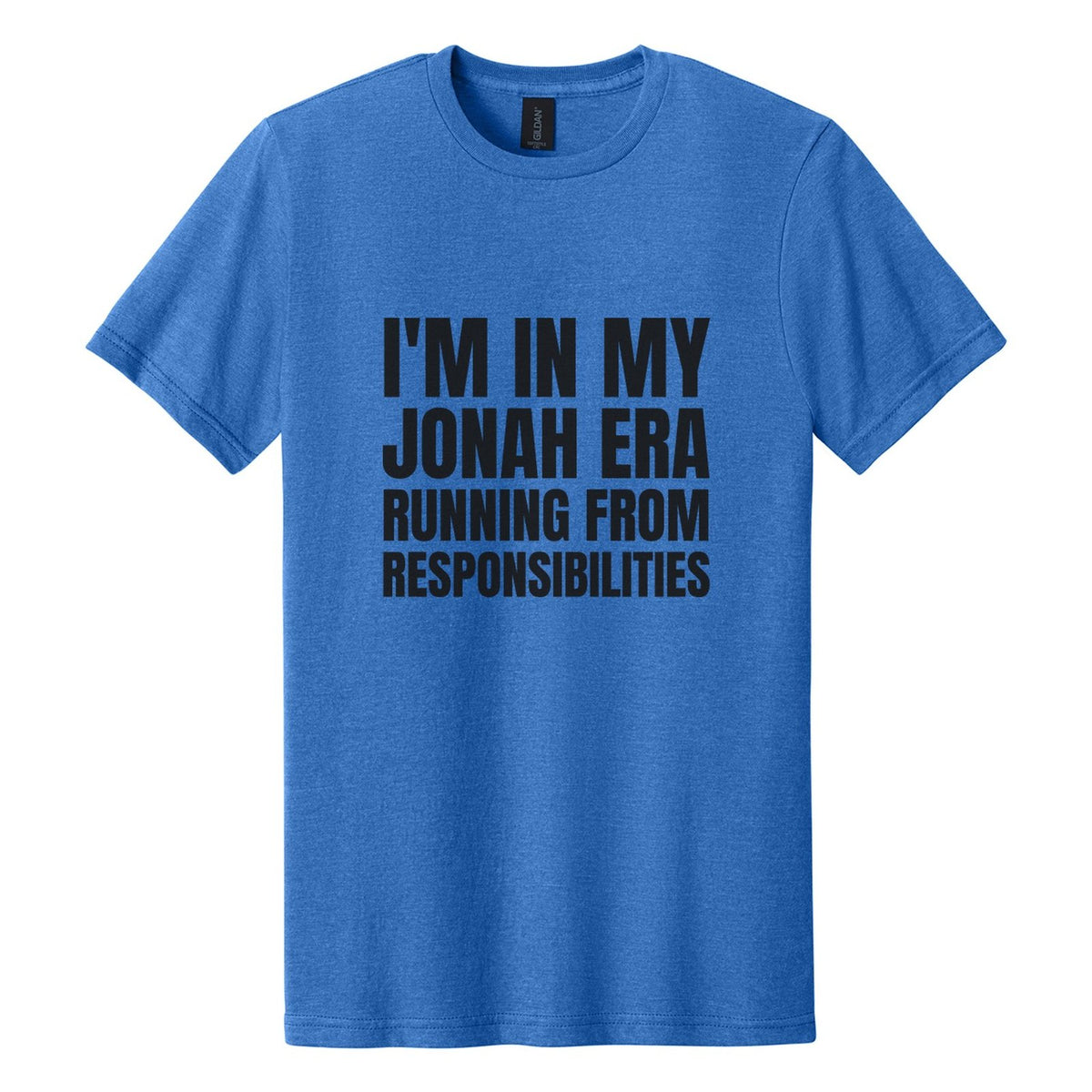 I'm in My Jonah Era. Running from Responsibilities tee in Royal Mist, Anton font, Black ink