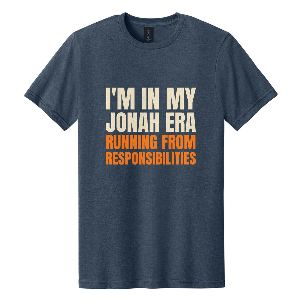 I'm in My Jonah Era. Running from Responsibilities tee in Navy Mist, Anton font, Cream + Orange ink