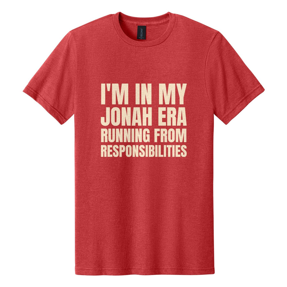 I'm in My Jonah Era. Running from Responsibilities tee in Red Mist, Anton font, Cream ink