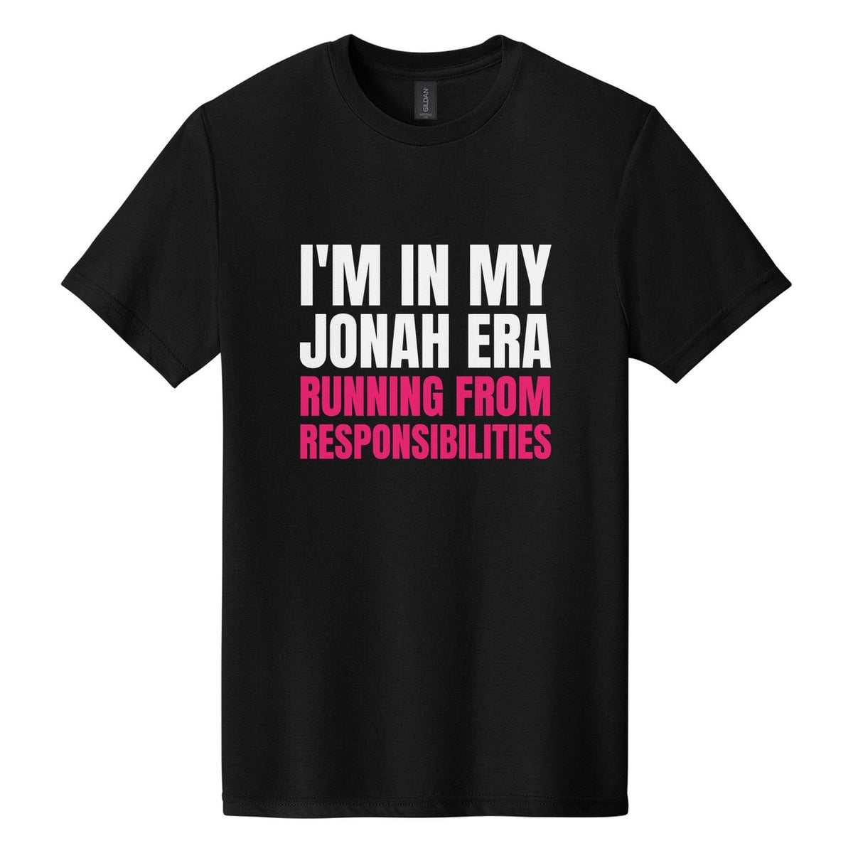 I'm in My Jonah Era. Running from Responsibilities tee in Pitch Black, Anton font, White + Hot Pink ink