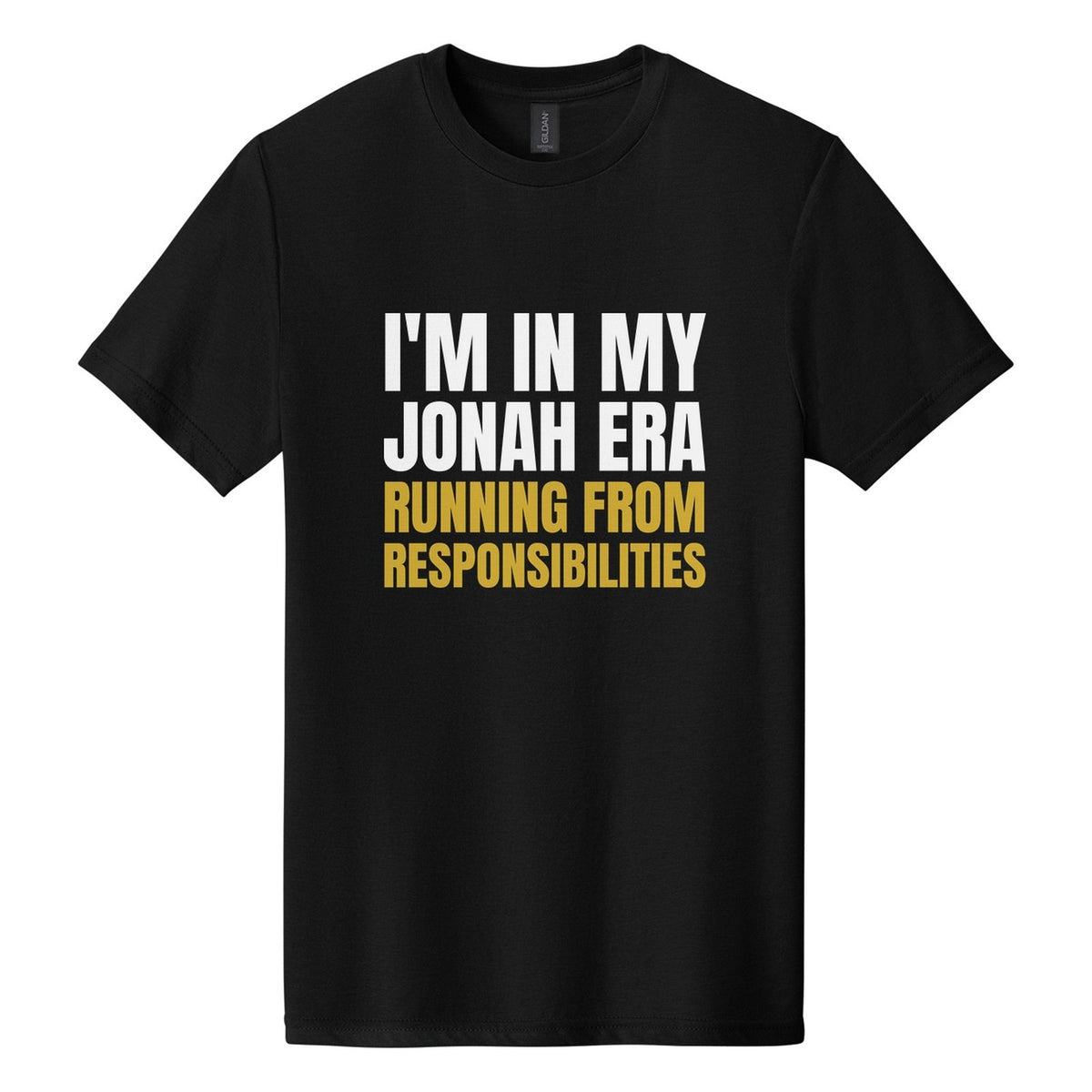 I'm in My Jonah Era. Running from Responsibilities tee in Pitch Black, Anton font, White + Metallic Gold ink