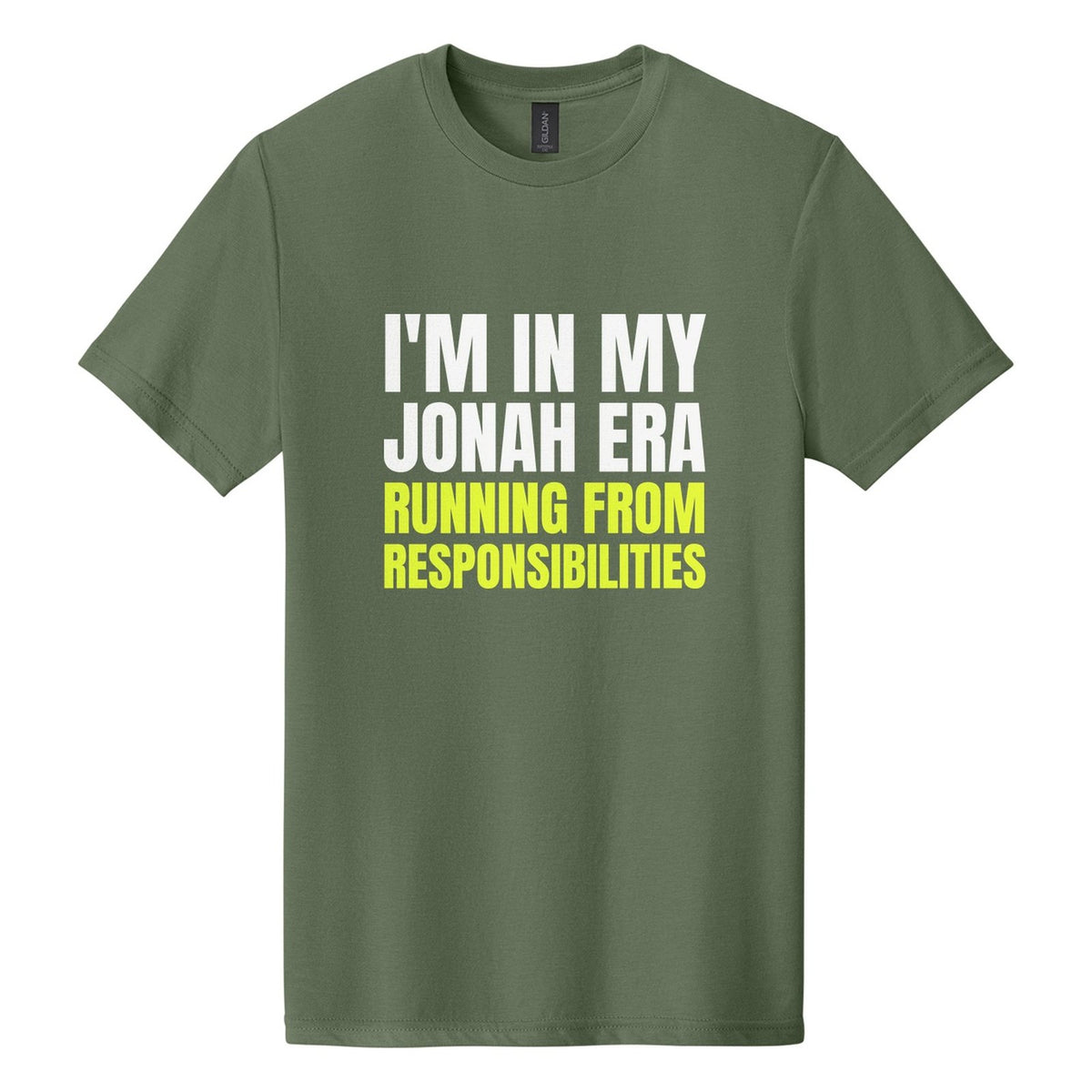 I'm in My Jonah Era. Running from Responsibilities tee in Cactus, Anton font, White + Neon Yellow ink