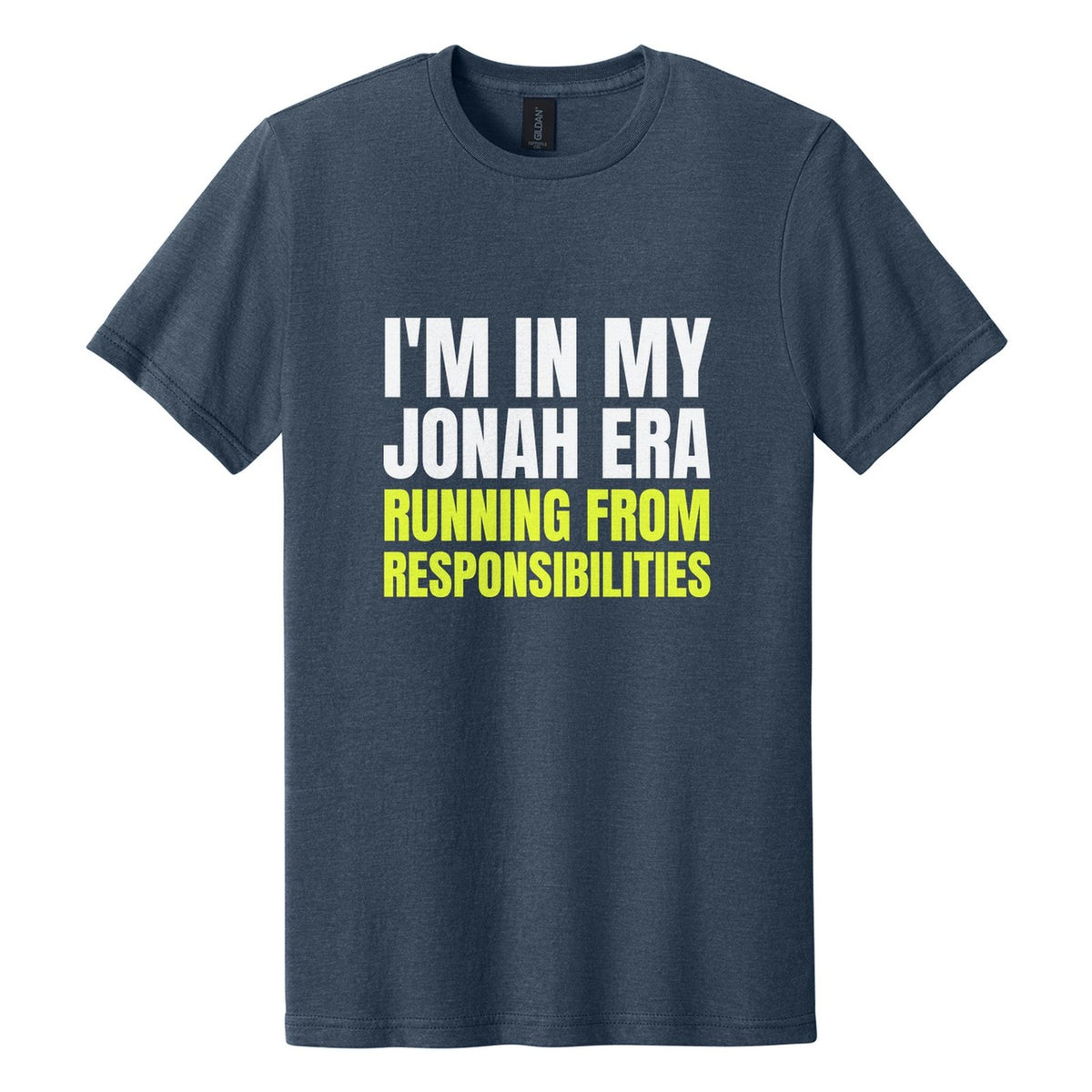 I'm in My Jonah Era. Running from Responsibilities tee in Navy Mist, Anton font, White + Neon Yellow ink