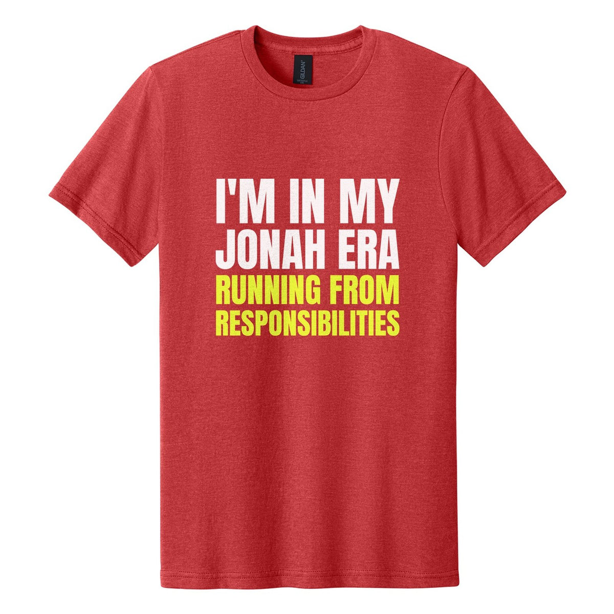 I'm in My Jonah Era. Running from Responsibilities tee in Red Mist, Anton font, White + Neon Yellow ink