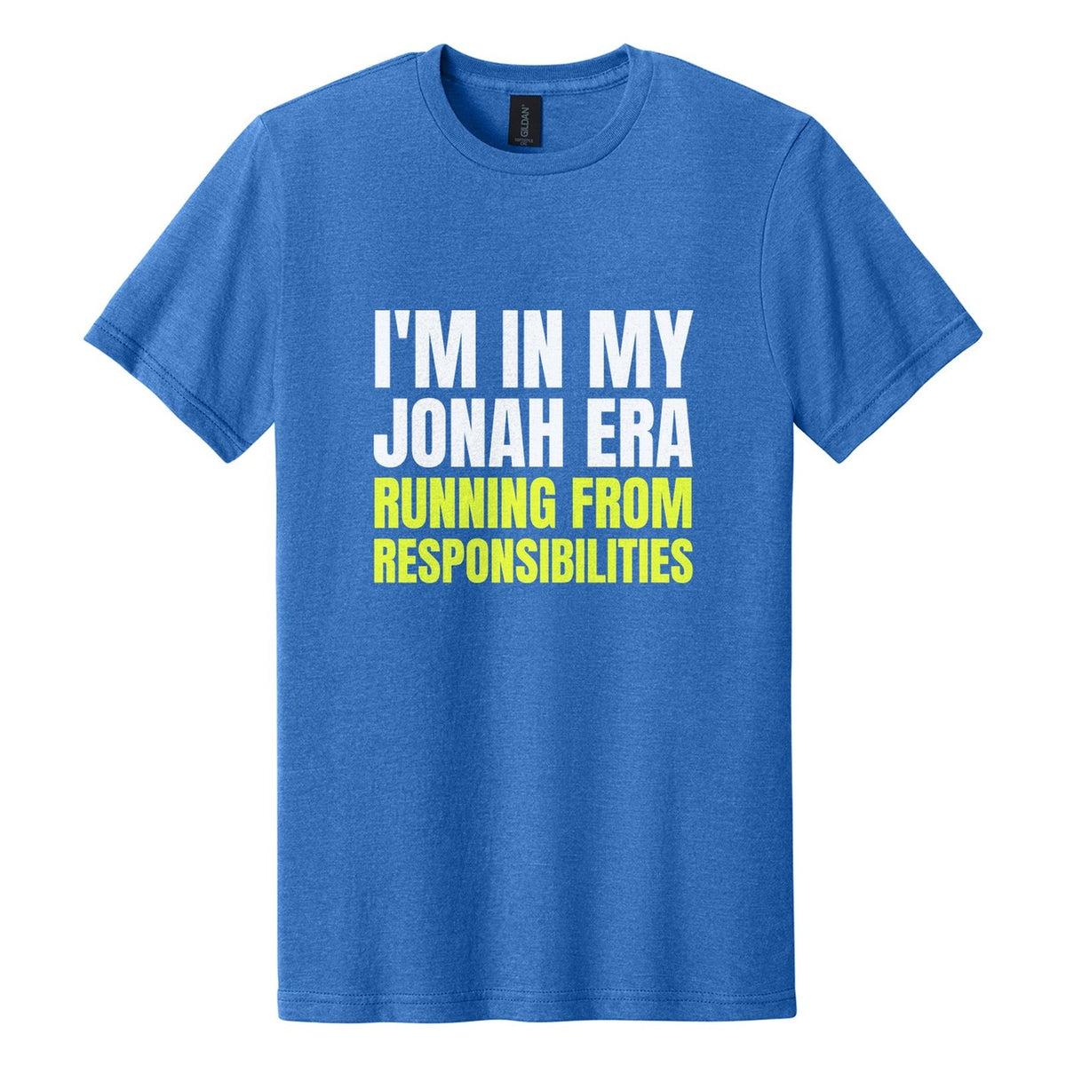 I'm in My Jonah Era. Running from Responsibilities tee in Royal Mist, Anton font, White + Neon Yellow ink