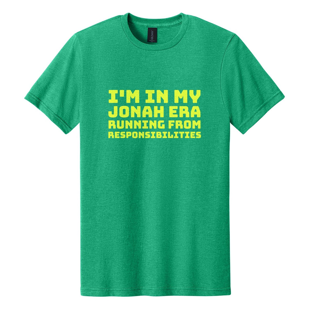 I'm in My Jonah Era. Running from Responsibilities tee in Kelly Mist, Bungee font, Neon Yellow ink