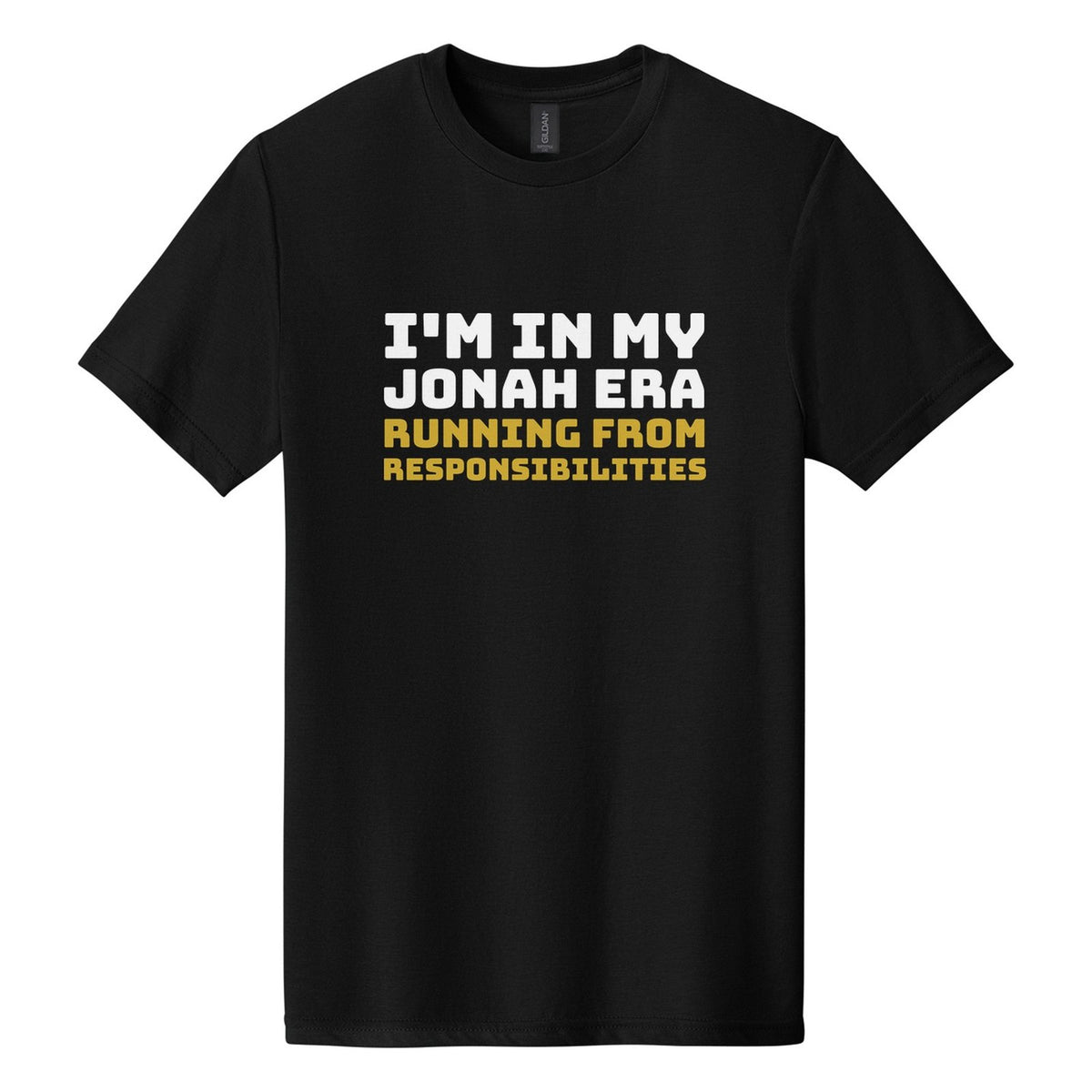 I'm in My Jonah Era. Running from Responsibilities tee in Pitch Black, Bungee font, White + Metallic Gold ink