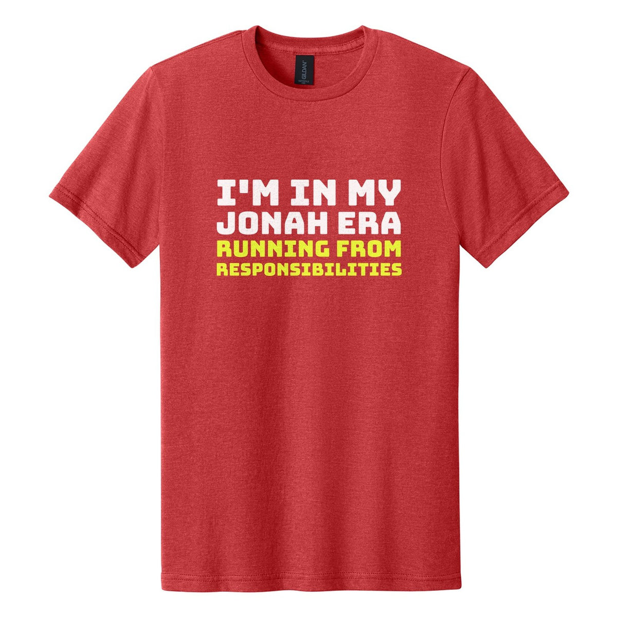 I'm in My Jonah Era. Running from Responsibilities tee in Red Mist, Bungee font, White + Neon Yellow ink