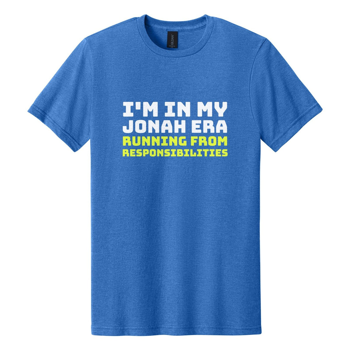 I'm in My Jonah Era. Running from Responsibilities tee in Royal Mist, Bungee font, White + Neon Yellow ink