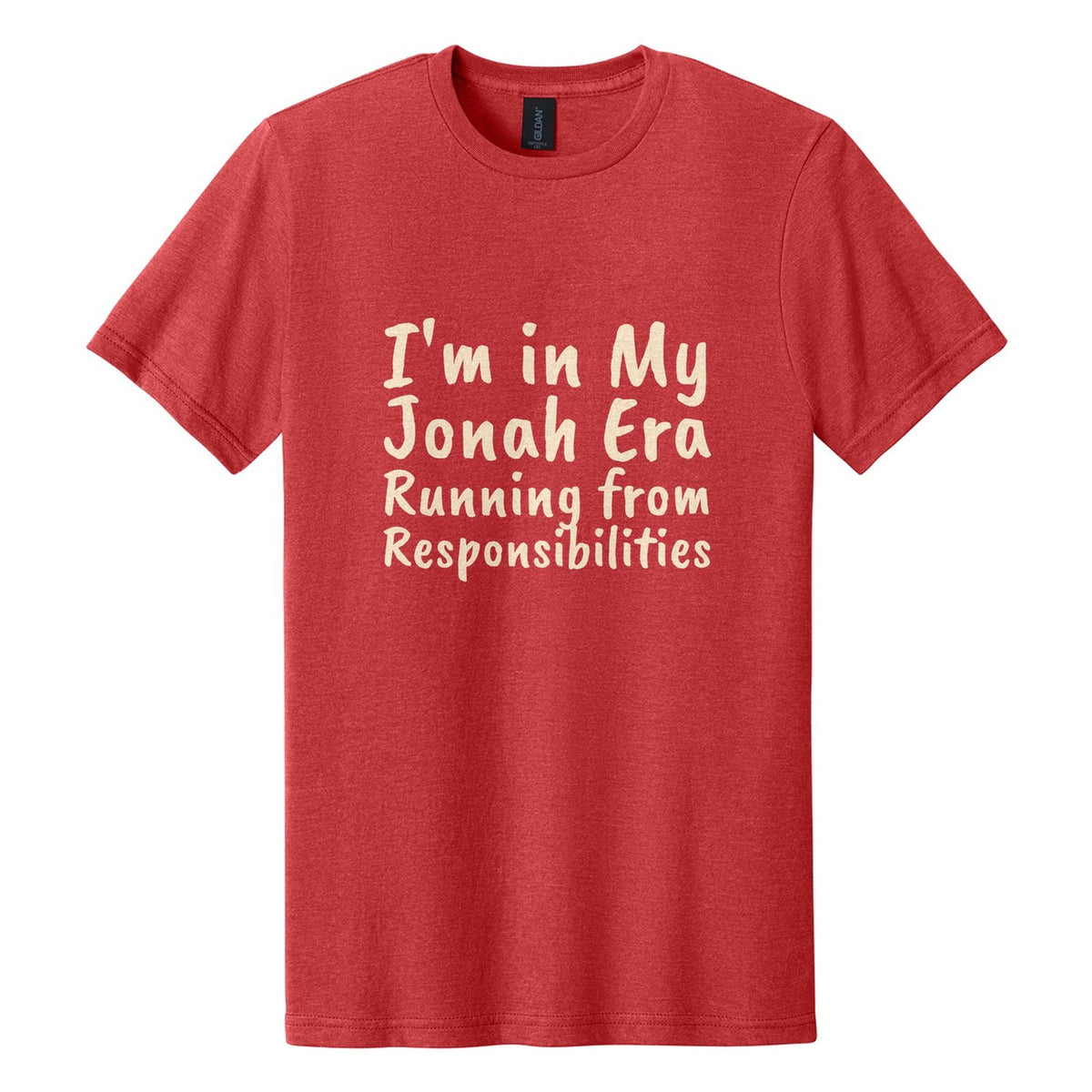 I'm in My Jonah Era. Running from Responsibilities tee in Red Mist, Caveat Brush font, Cream ink