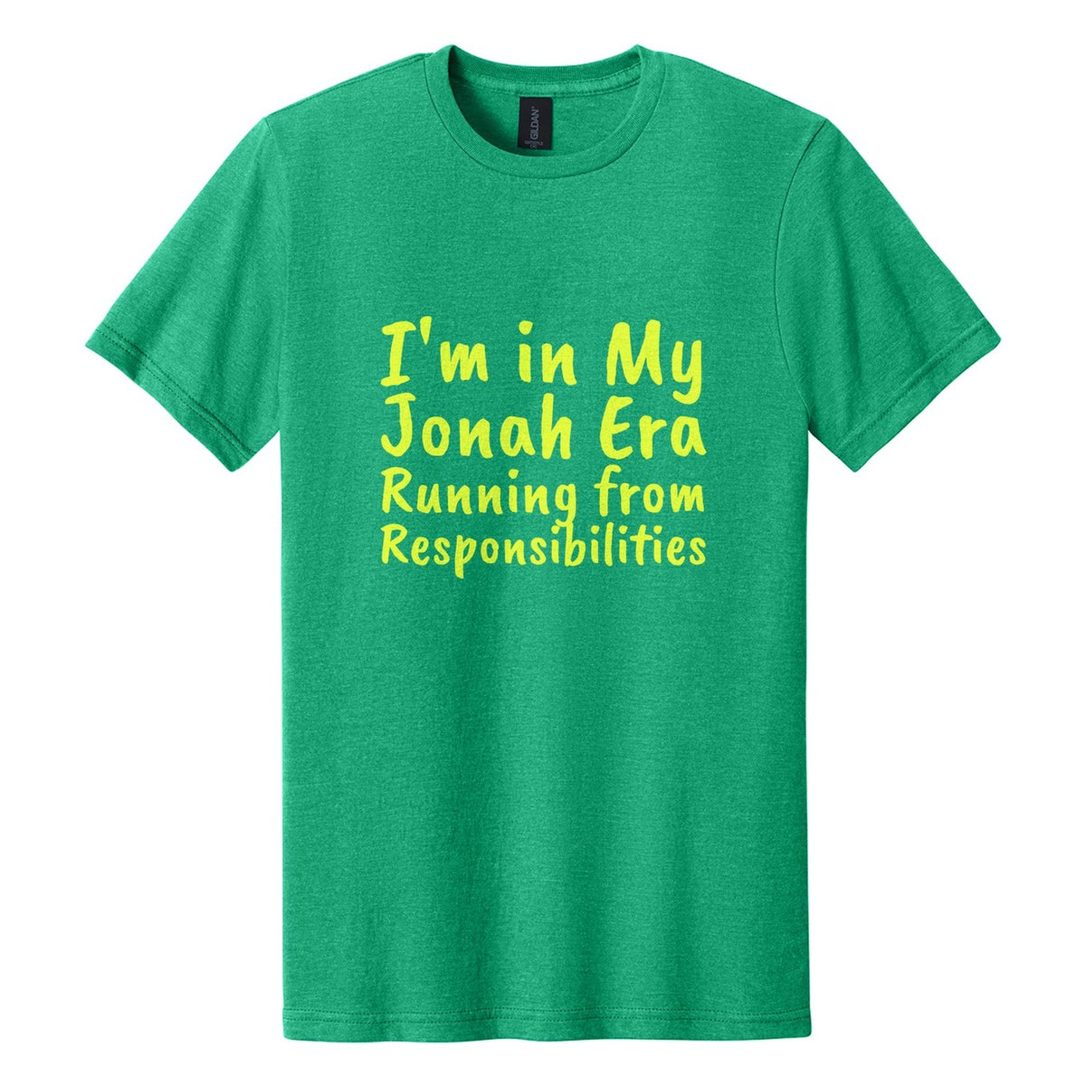 I'm in My Jonah Era. Running from Responsibilities tee in Kelly Mist, Caveat Brush font, Neon Yellow ink