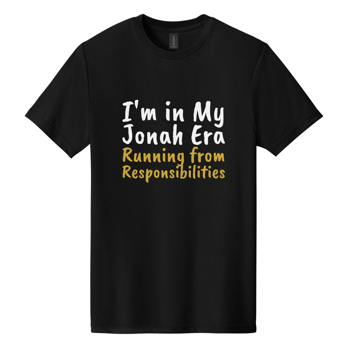 I'm in My Jonah Era. Running from Responsibilities tee in Pitch Black, Caveat Brush font, White + Metallic Gold ink