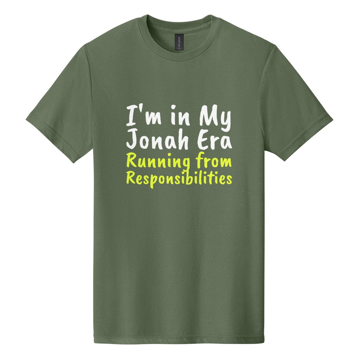I'm in My Jonah Era. Running from Responsibilities tee in Cactus, Caveat Brush font, White + Neon Yellow ink